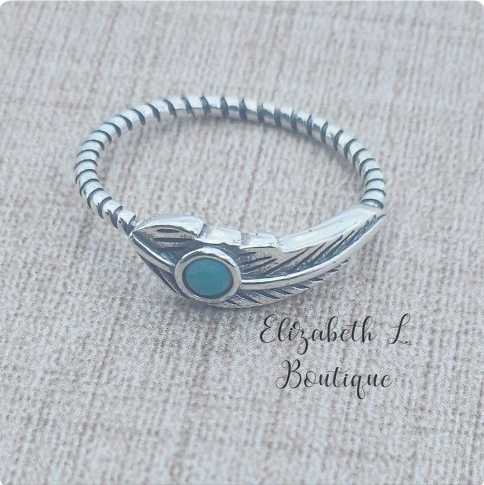 925 Sterling Silver Genuine Turquoise Feather Design Ring Boutique BNWT